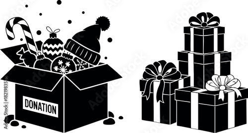 Christmas donation box with winter clothes and decorated gift boxes vector illustration
