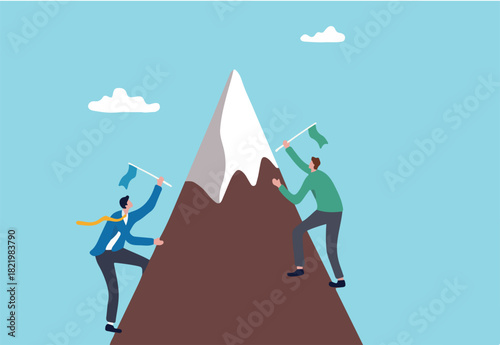 Business competition, businessman compete to win and reach success goal, challenge or career achievement concept, businessmen competitor climb up mountain to put winning flag at the mountain peak.