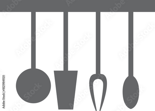 A black and white image of kitchen utensils hanging from a rack