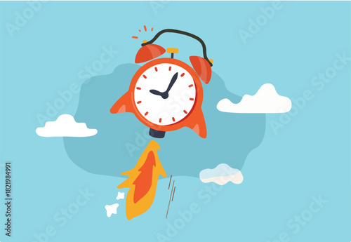 Time to start new business, entrepreneurship to launch project or time management concept, ringing alarm clock with rocket booster successfully launching high into the sky.