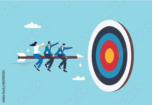 Teamwork aiming for target, business goal or achievement, focus on goal, objective or purpose, company direction or collaboration partner concept, business people team riding arrow to hit bullseye.