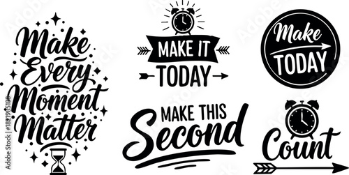 Motivational quotes vector set with inspirational messages and clock icons