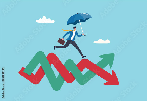 Survive and thrive in stock market volatility investment, risk management or overcome market fluctuation, uncertainty or financial challenge concept, businessman with umbrella run on volatile graph.