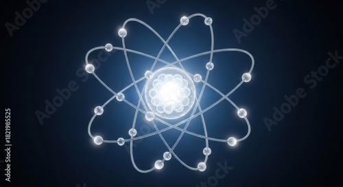 Atom representation shows structure of matter with nucleus and orbiting electrons. Atom diagram displays components, depicting atom in scientific and educational manner.