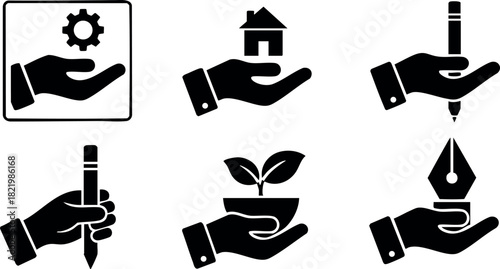 Hand holding icons representing home gear plant and writing pen concepts