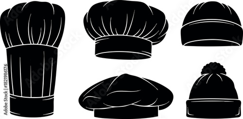 Vector collection of chef hats and winter knit caps in black silhouette style
