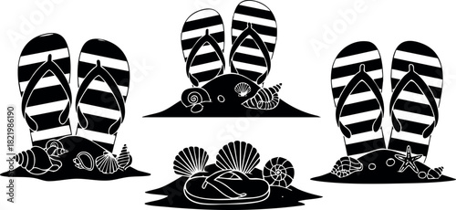 Black and white vector illustration of striped flip flops on sand with seashells
