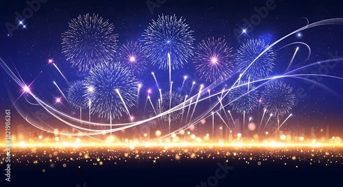 Festive fireworks explode over illuminated city skyline at night