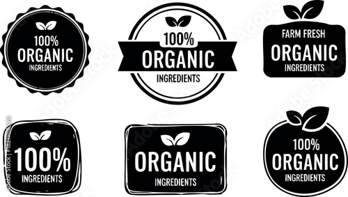 Organic ingredients badges set with natural leaf icons and text labels
