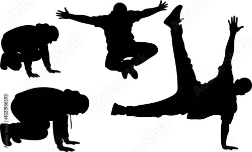 Silhouettes of breakdancer in dynamic poses vector illustration