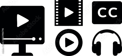 Video player icons set with play controls headphones and closed captioning symbol
