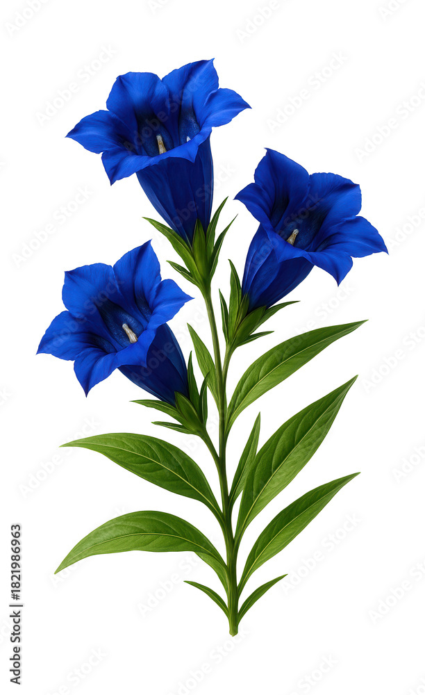 Obraz premium Alpine gentian with trumpet-shaped blue blooms and slender leaves.