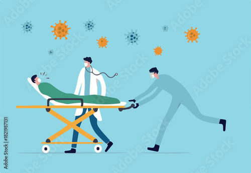 Emergency case for Coronavirus critical patient concept, doctor with medical team riding bed with critical Coronavirus COVID-19 pneumonia patient to emergency room with extra treatment, virus pathogen