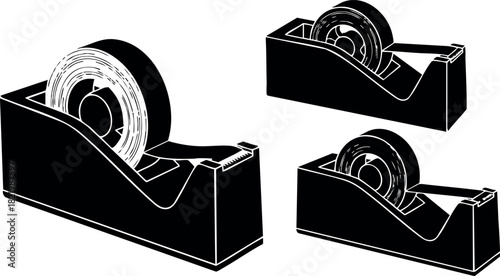 Black silhouette tape dispenser vector illustration set
