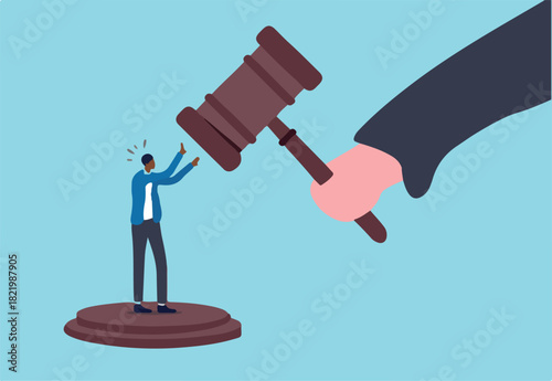 Social inequality, discrimination, injustice and unfairness for black people or racism on people of color concept, judge using huge justice hammer to punish small black people or African American man.