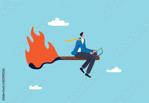 Burnout from overworked or pressure to finish within deadline, frustration or exhausted worker, despair employee or trouble concept, desperate businessman working with laptop on burning matchstick