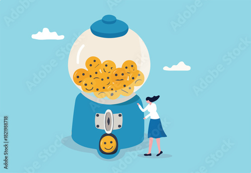 Emotion and feeling, mental wellbeing, emotional intelligence or psychology, positive and negative thinking, mood and happiness concept, cheerful woman waiting gumball machine to give smile face.