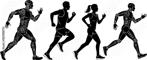 Running human silhouettes with robotic and athletic designs