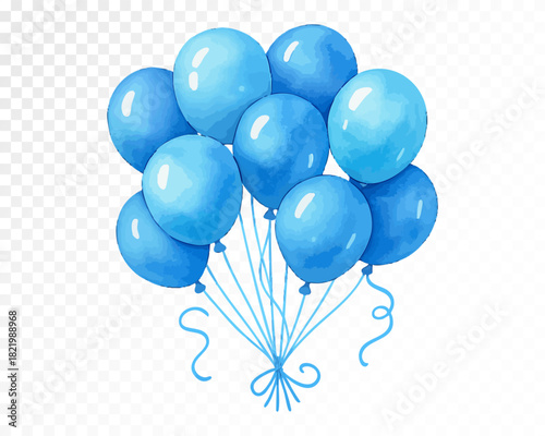 Blue celebration balloons bouquet with glossy watercolor texture, floating party helium balloons cluster with curling ribbons for festive decor and birthday design. Vector illustration.