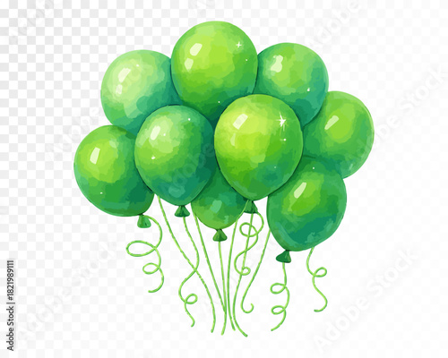 Vibrant green helium balloons bouquet with curling ribbons in watercolor style, festive celebration decoration for birthday party, holidays and events. Vector illustration.
