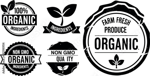 Organic ingredients badges labels with leaves and quality seals