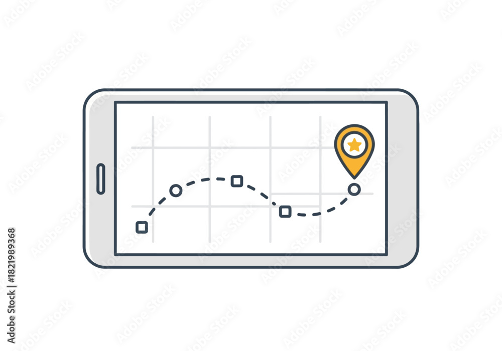 Fototapeta premium Illustration of a smartphone displaying a graph with a dotted line path and a location pin, symbolizing navigation and progress tracking on a digital device