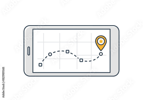Illustration of a smartphone displaying a graph with a dotted line path and a location pin, symbolizing navigation and progress tracking on a digital device