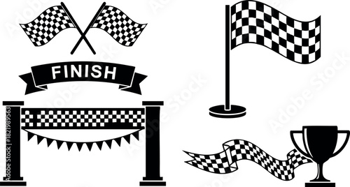 Racing finish line checkered flags trophy vector illustration