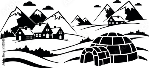 Black and white mountain village with igloos and snowy landscape vector illustration