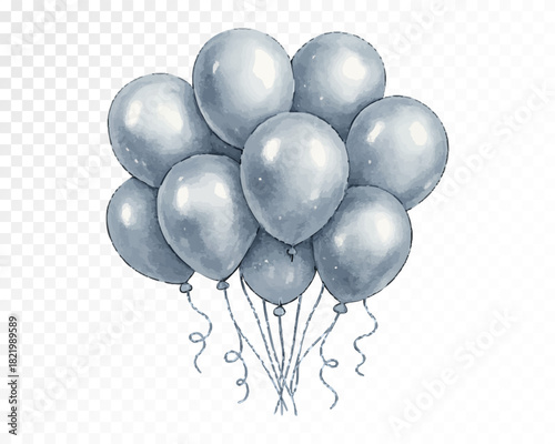 Elegant silver balloon bouquet with soft glossy shine, floating party decoration cluster with curling ribbons in monochrome festive style for celebrations and events. Vector illustration.
