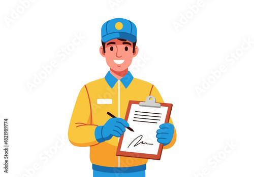 Smiling professional service worker in uniform signs a document on a clipboard with a pen, representing efficient delivery, customer support, or official paperwork completion