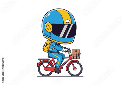 Courier On Bicycle Wearing Helmet Delivering Package