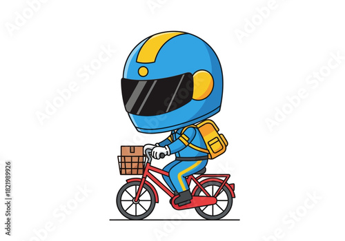Cartoon delivery person, geared with a blue helmet, efficiently cycles a bicycle carrying a package. This vibrant illustration embodies swift urban courier services and modern logistics
