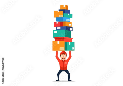 Delivery person struggling to balance an extremely tall stack of colorful cardboard boxes while wearing a red uniform and cap, isolated on white