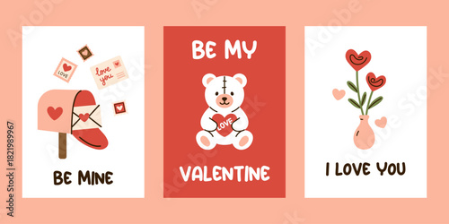 Vector set of Valentines Day greeting cards. Bear with heart, mailbox with love letter, flowers. Cute romantic festive posters design for holiday, gift, celebration, love declaration in flat style.