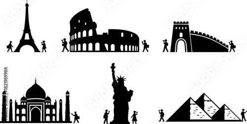 Famous world landmarks silhouettes with tourists vector illustration