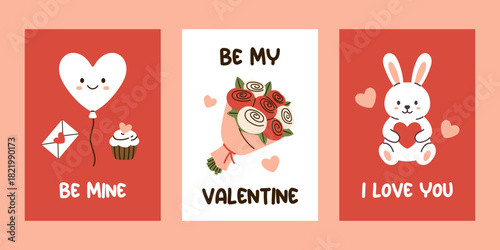 Vector Valentines day greeting card set. Heart balloon, letter, cupcake, bouquet, bunny with heart. Cute romantic love posters for holiday, gift, celebration, and festive collection in flat style.