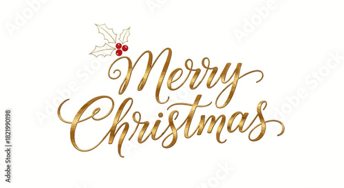 Elegant golden Merry Christmas greeting with holly accents, perfect for holiday cards and festive designs this season, creating joy and warmth
