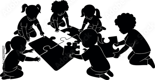 Children playing with large puzzle pieces vector illustration