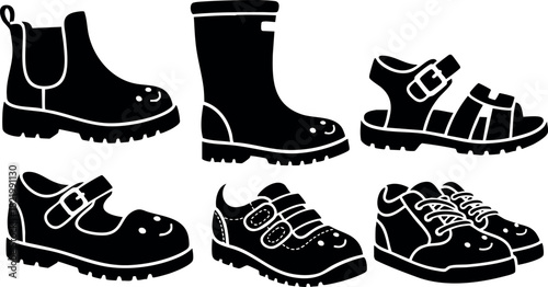 Collection of black silhouette shoes and boots vector illustration