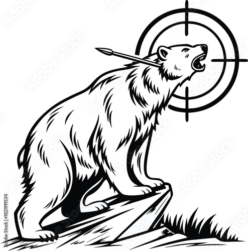 Black and white illustration of a bear with an arrow on its neck, standing on a rock, with a target scope behind its head, isolated on white background