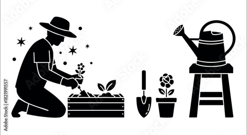 Gardener planting flowers with watering can and garden tools silhouette