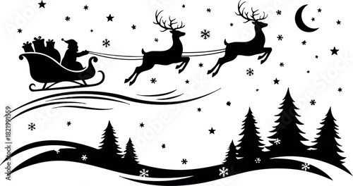 Santa claus sleigh with reindeer flying over snowy pine forest at night