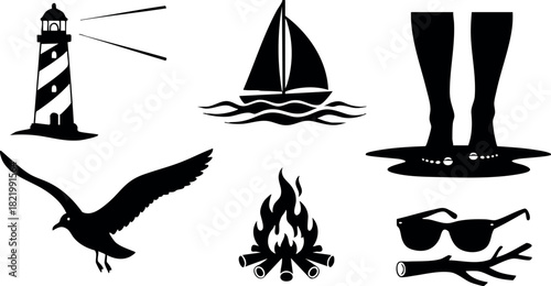 Nautical and beach elements silhouette set with lighthouse sailboat and campfire