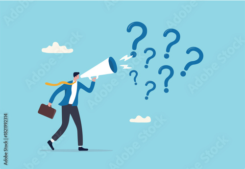 Ask questions to get answer for solving problem, ask for solution or curiosity, request explanation to solve issue or trouble concept, businessman ask questions on megaphone with lot of question mark.