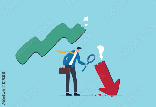 Market crash analysis, learn from failure or crisis and recession data, analyze or measure investment downturn concept, businessman analyst using magnification glass to look at red crash graph arrow.
