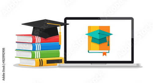 Online Education Graduation Cap and Stack of Books Digital Learning Concept Illustration