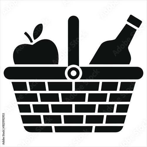 Spring picnic vector icon. Simple flat illustration of a wicker basket with wine and an apple. Black and white symbol for summer, food, drinks, and outdoor leisure. Isolated on white.
