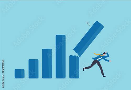 Economic recession from high inflation, stock market crash, crisis or depression, investment risk or price drop causing money loss concept, fear businessman investor run away from collapsing graph.