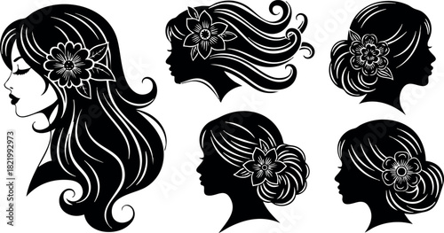 Female silhouette profiles with floral hair accessories vector illustration